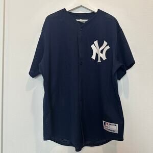 Vintage Majestic New York Yankees baseball button up blue white jersey XL